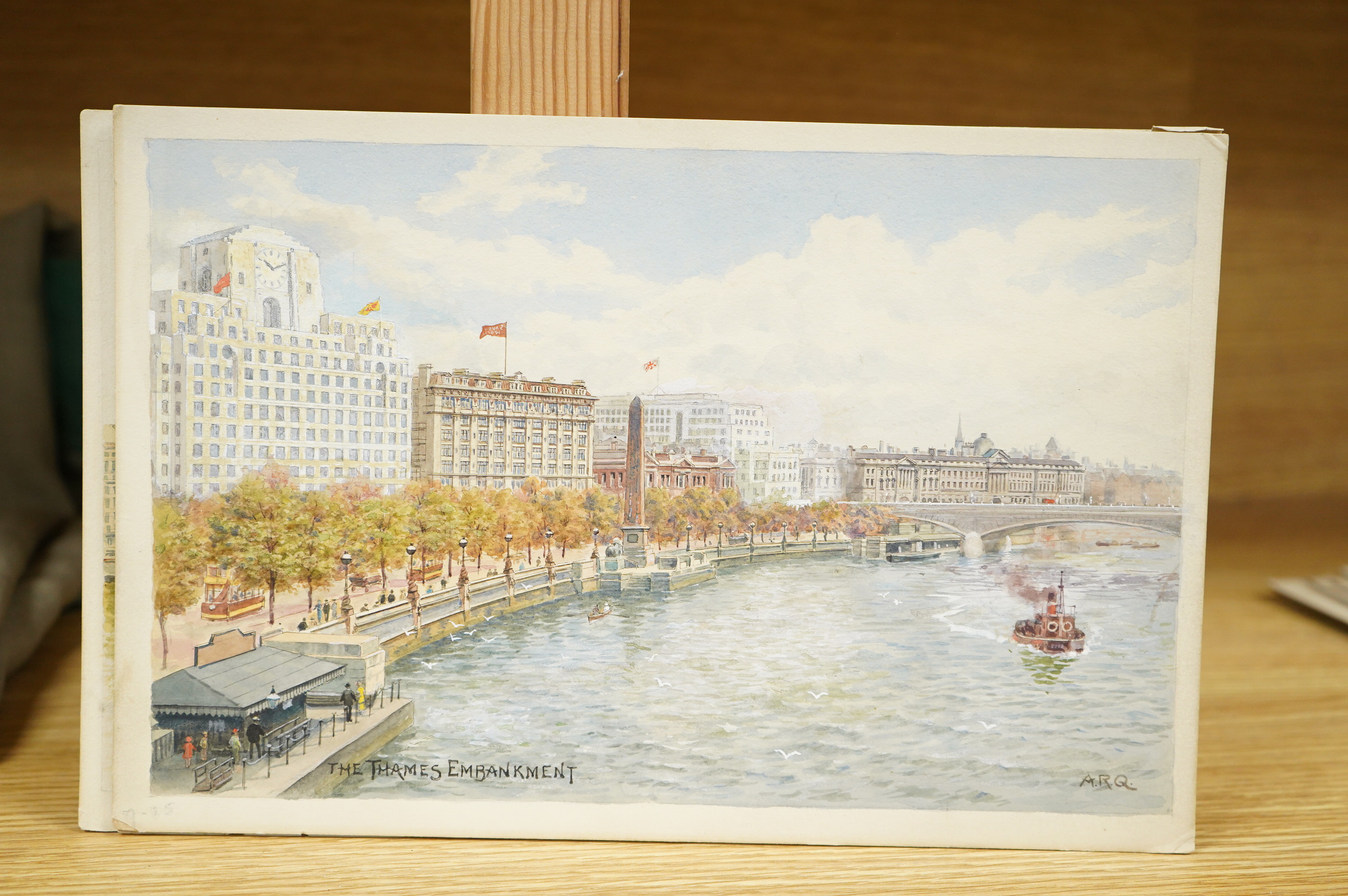 Alfred Robert Quinton (1853-1934), a set of six original watercolours for postcard designs, London views to include: Lambeth Bridge and Houses of Parliament, The Thames Embankment, The Lakes St James Park and Hyde Park C